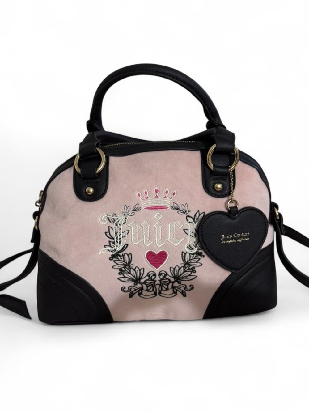 Juicy Couture Pink and Black Embroidered Heart Dome Satchel